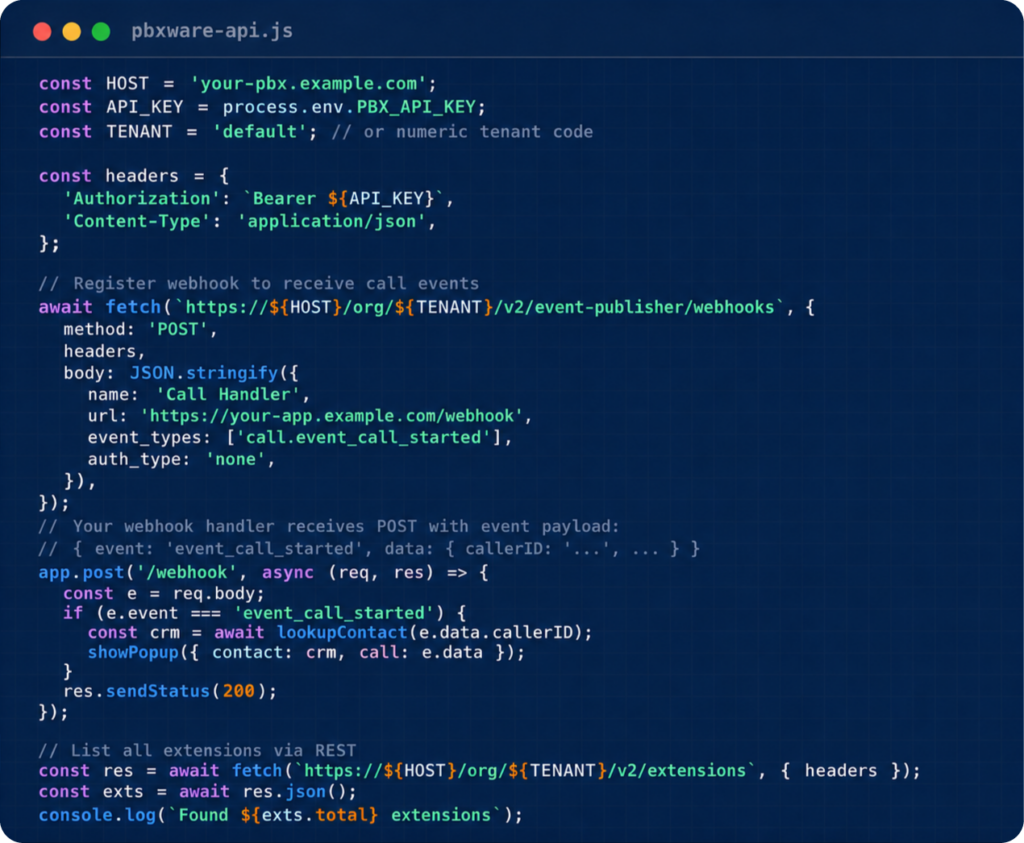 <h4 class="text-bicomthemethree">Made by developers. <br />
For developers.</h4><h1 class="text-white">Dev Portal: Build on the PBXware Platform</h1>